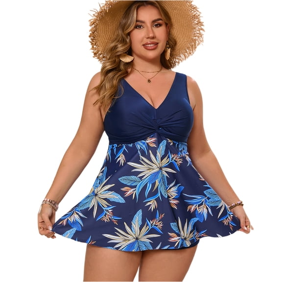 Womens Plus Size Mesh Swim Dress Cutout Swimsuit 2 Piece Tankini Flowy Bathing Suit with High Waisted Boyshorts
