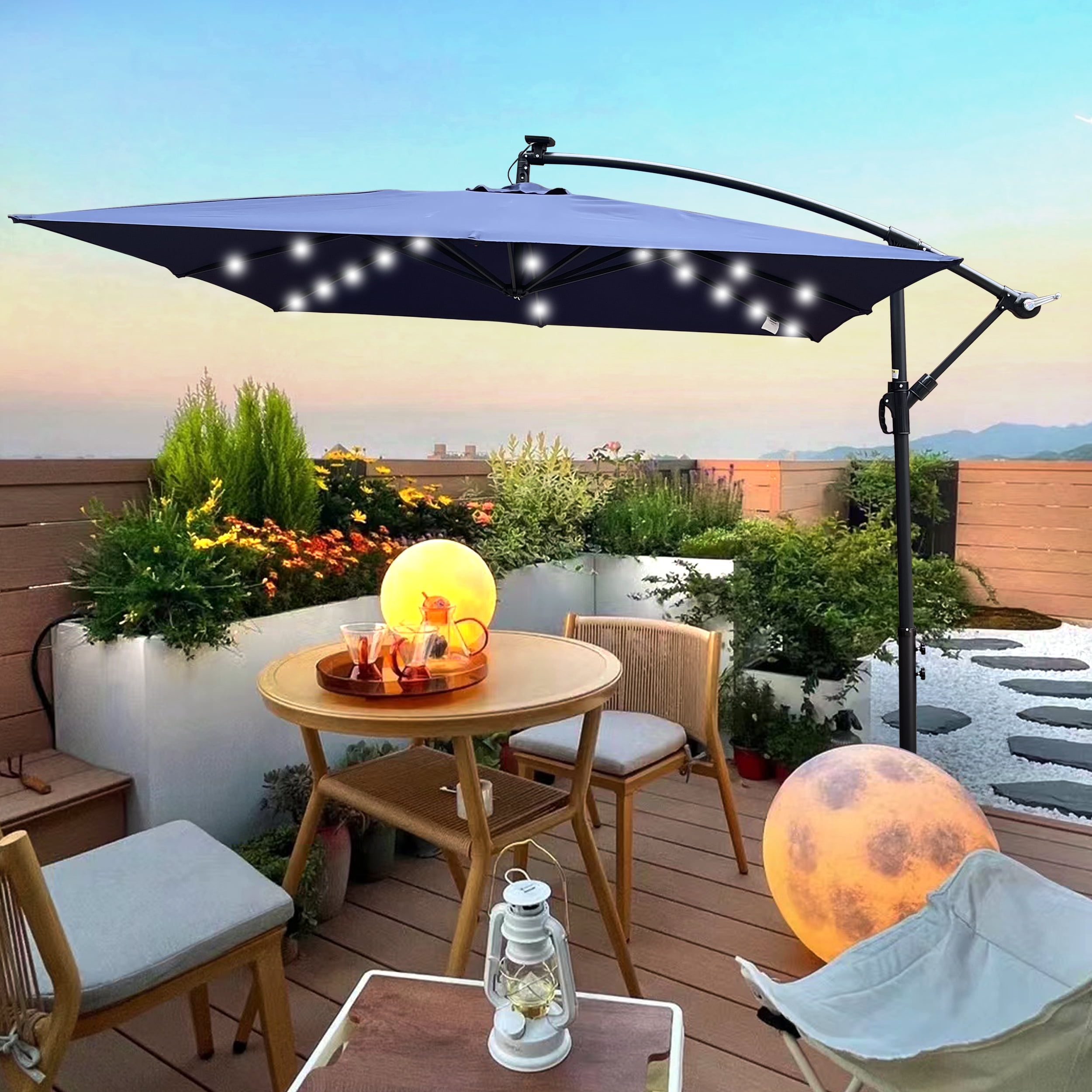 2.5x2.5M Square Outdoor Patio Umbrella, Solar LED Lighted Sun Shade Canopy with 8 Ribs & Crank Base, Navy Blue