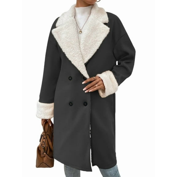 Women'S Lined Lapel Long Sleeves Winter Coats Warm Double Breasted Long Fleece Jacket Plush Overcoat Dark Grey S