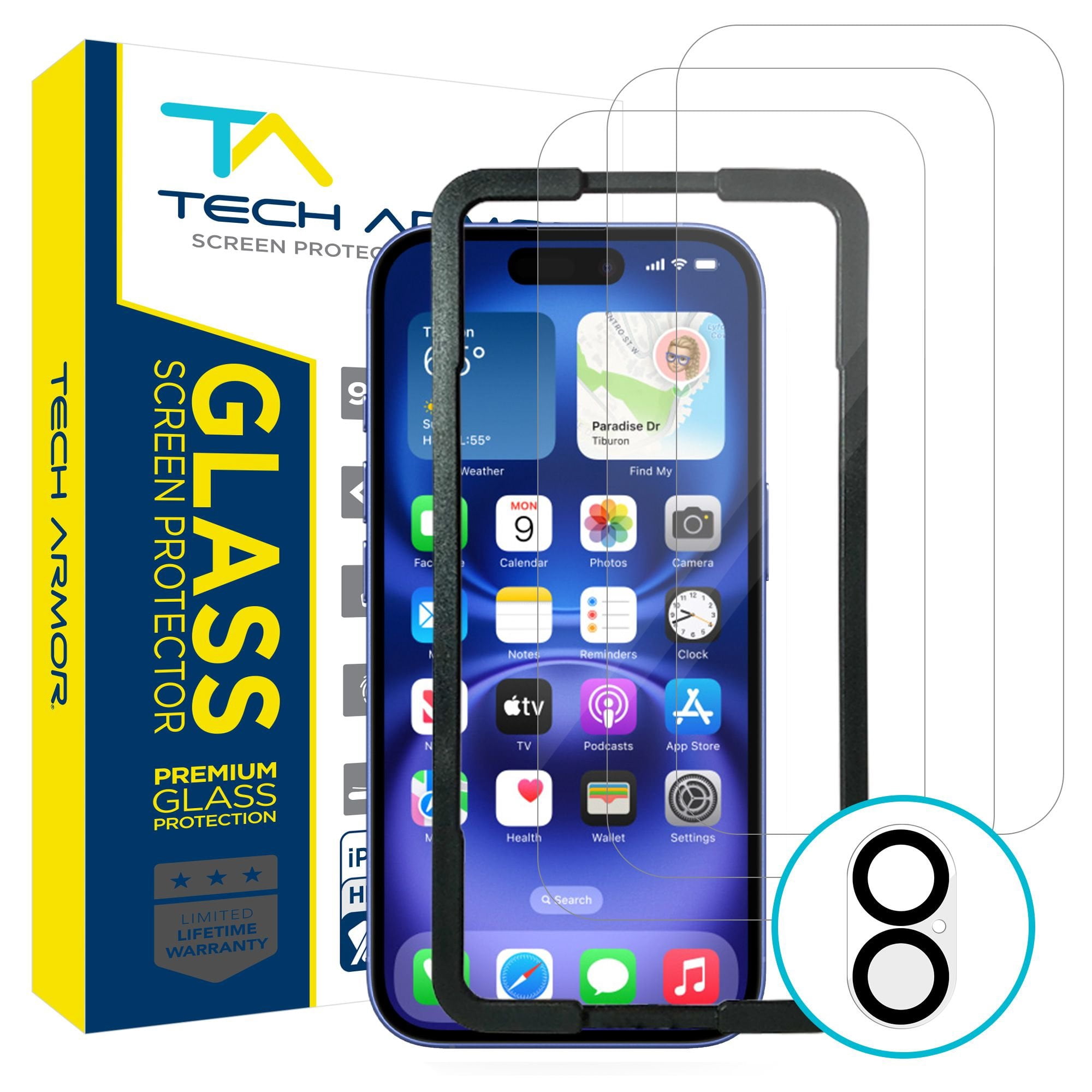 Tech Armor Screen Protector for iPhone 16 - Ballistic Tempered Glass, Case Friendly, Sensor Protection, HD, 9H Hardness, 3 Pack + Bonus Camera Lens Protector