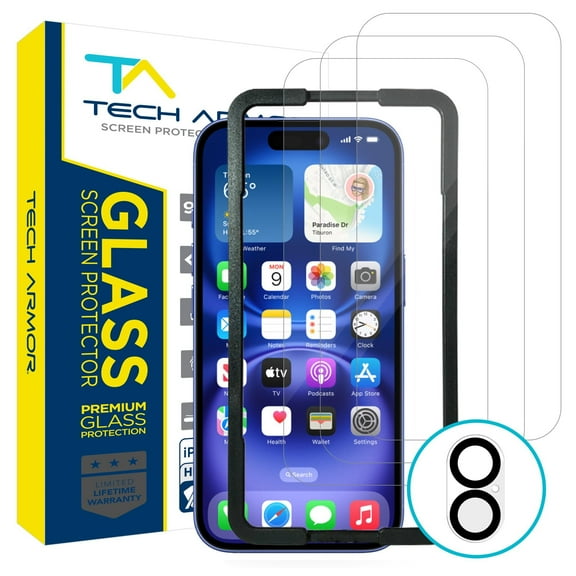 Tech Armor Screen Protector for iPhone 16 - Ballistic Tempered Glass, Case Friendly, Sensor Protection, HD, 9H Hardness, 3 Pack Bonus Camera Lens Protector