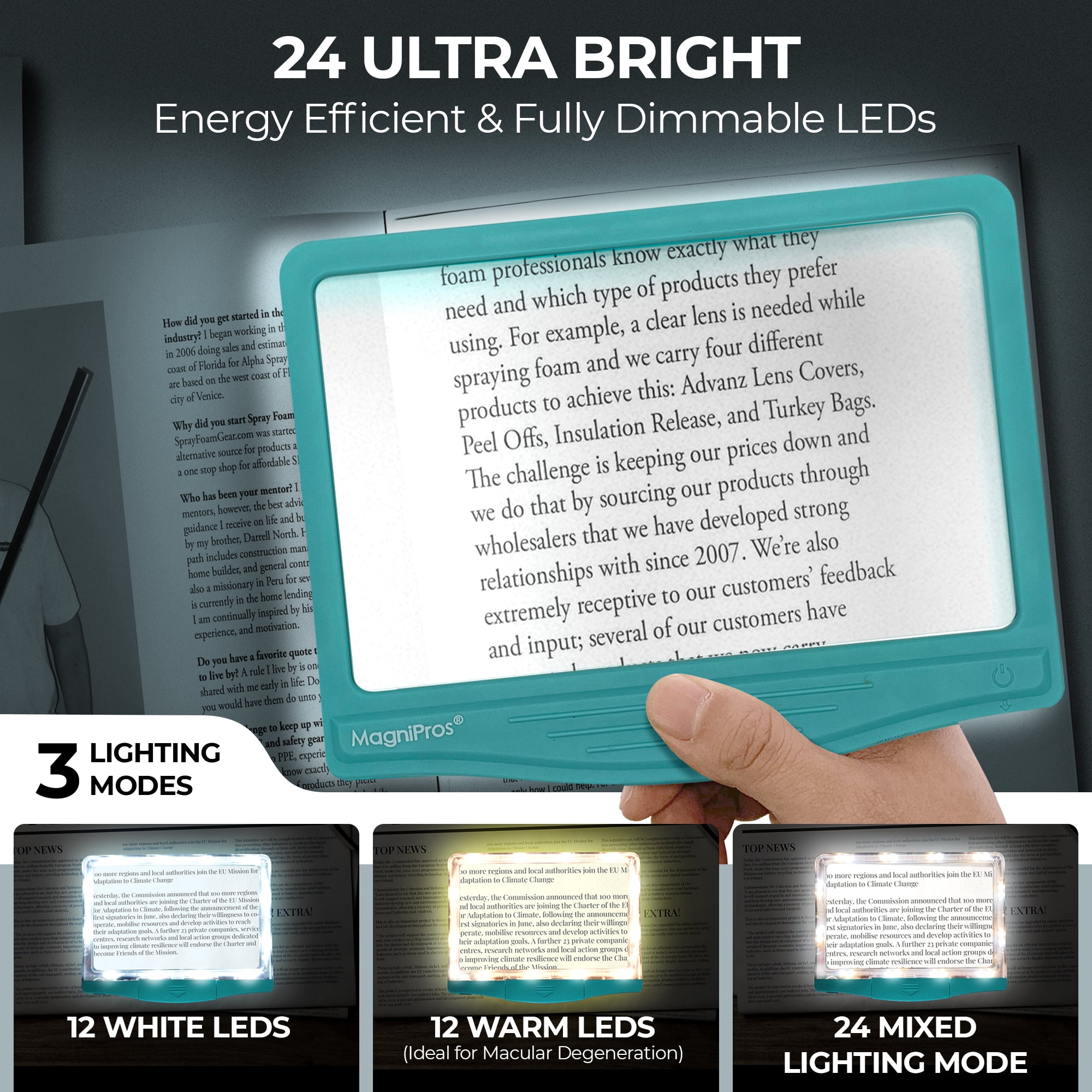 MAGNIPROS Patented 5X Large Ultra-Bright LED Page Magnifier with Anti-Glare Lens & 3 Dimmable Color Light Modes – Ideal for Reading Fine Print, Books, Newspapers