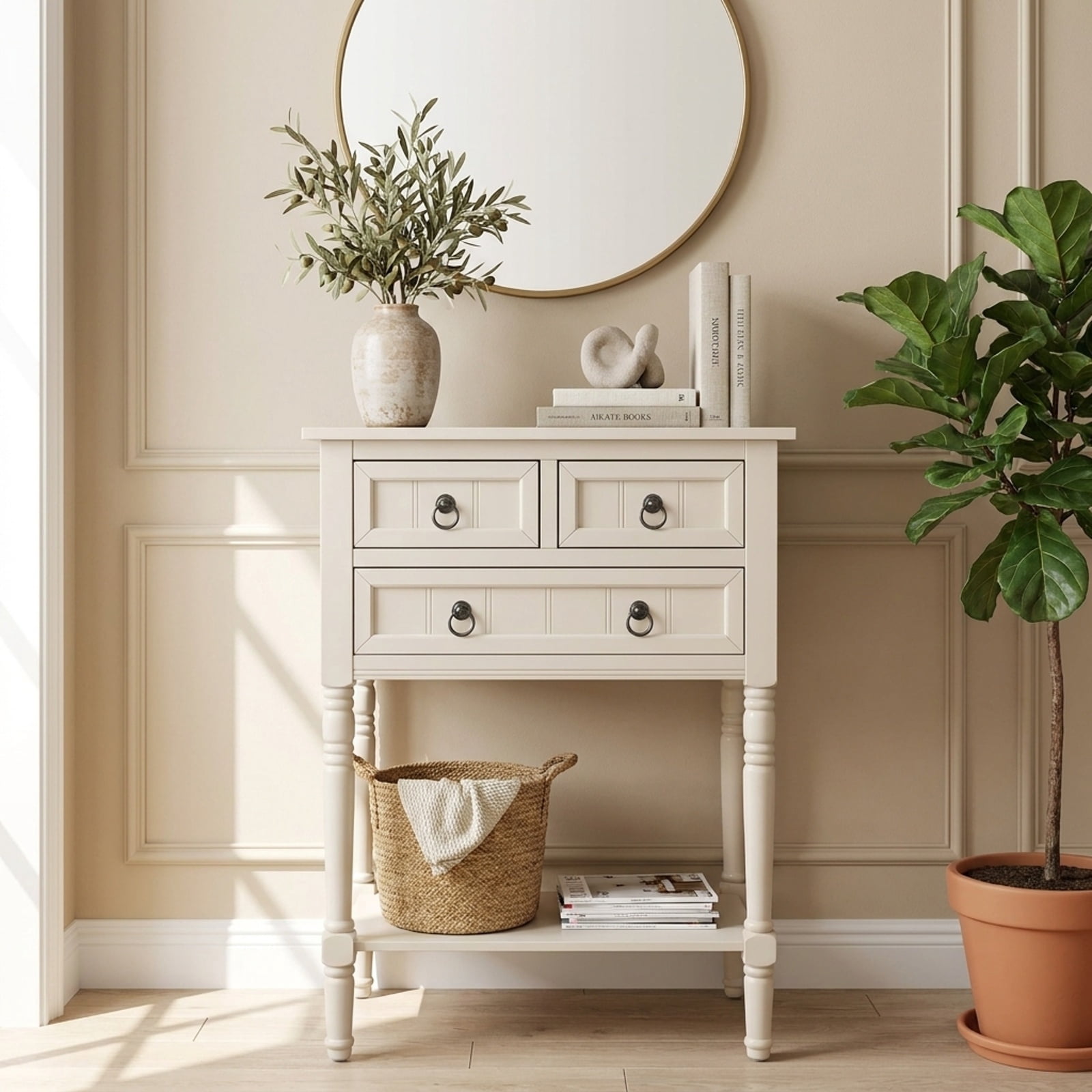 Furnibear Narrow Console Table with 3 Storage Drawers Open Bottom Shelf and Solid Wood Legs for Entryway Hallway and Living Room, Beige