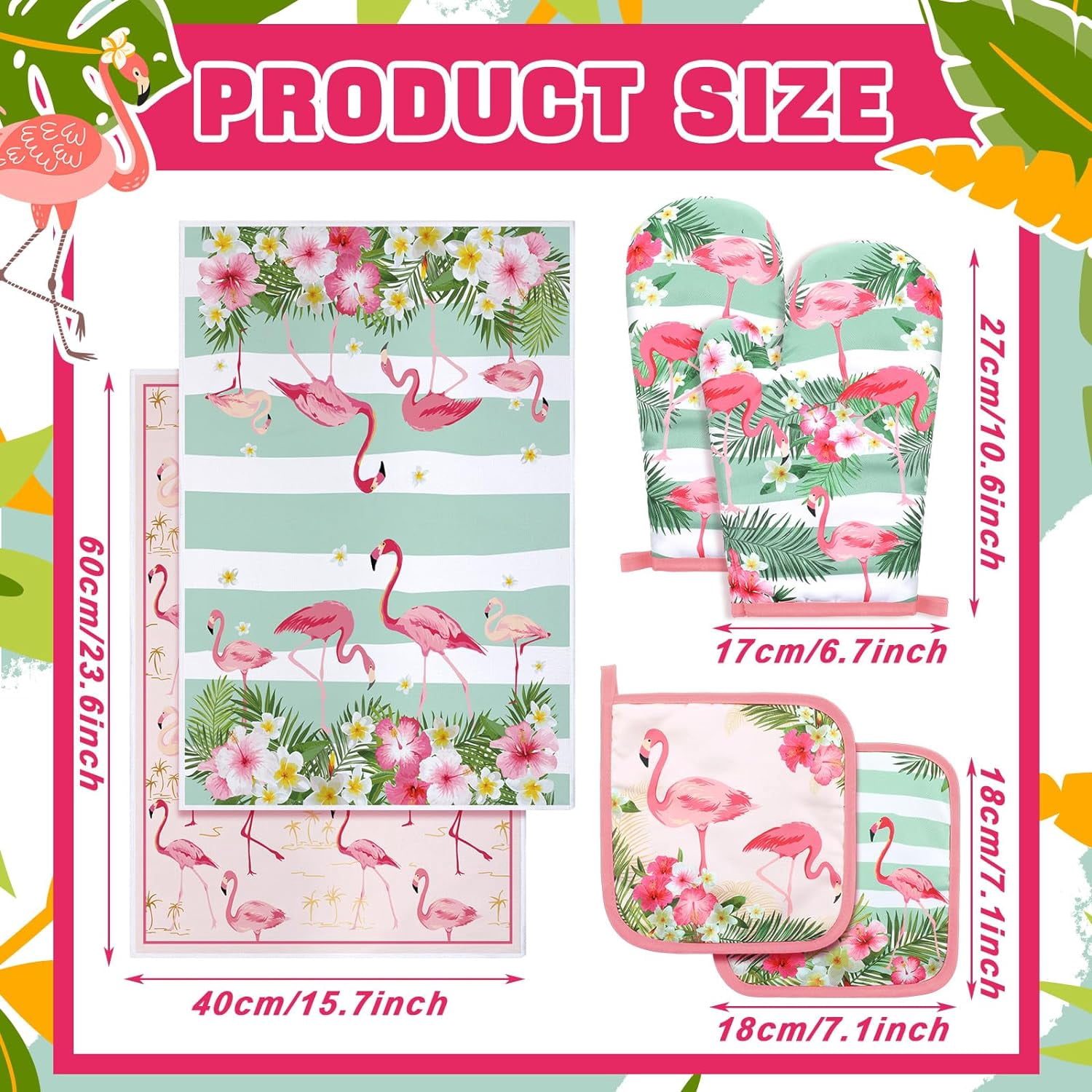 6 Pcs Flamingo Kitchen Towels Pot Holders and Oven Mitts Set Soft Cotton Linen Dish Towel Heat Resistant Oven Mitts for Summer Kitchen Decor Cooking Baking Grilling, Pink