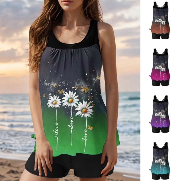 Tankini Bathing Suits for Women Tummy Control Fashion Floral Print Two Piece Tankini Swimsuits Slim Fit Swimwear with Shorts Green Swimsuits,Size S-2XL