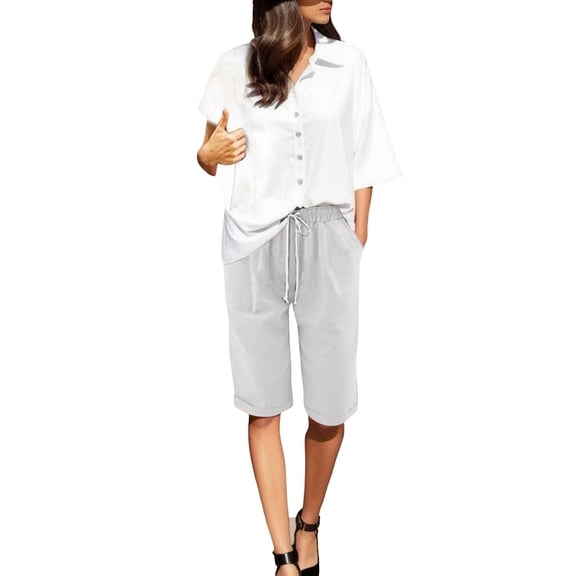 fatyb Summer Womens Knee Length Shorts Elastic Waist Drawstring Casual Plain Long Shorts with Pockets