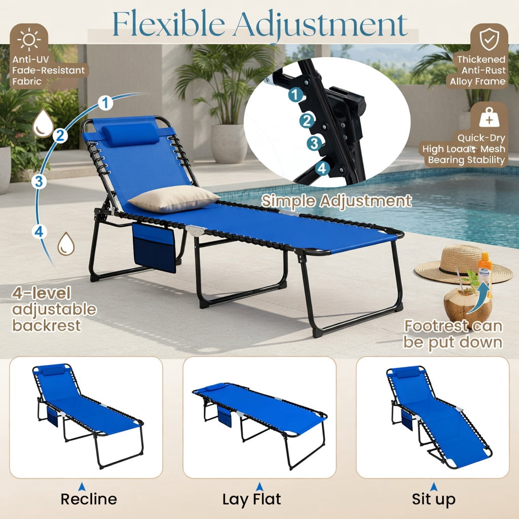 Hommoo 4-Position Adjustable Folding Chaise Lounge Chair, with Reinforced Steel Frame, Portable Sun Lounger for Poolside, Backyard & Camping, Navy Blue
