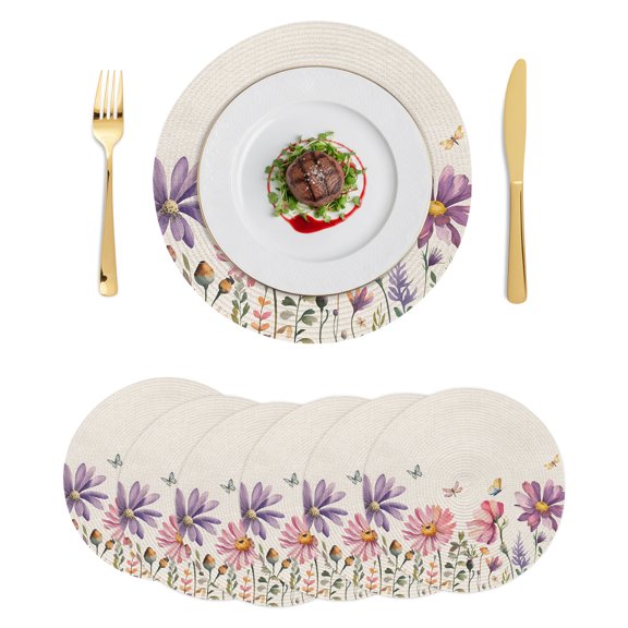Round Placemats Spring Wild Flowers Butterfly 15 inch Set of 6 Table Mats for Dining Table Farmhouse Florals Heat Resistant Non-Slip Kitchen & Home Decorative Place Mat Set