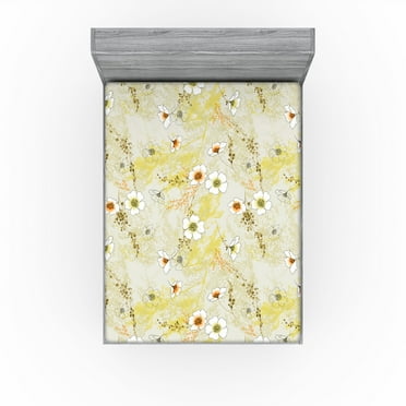 Ambesonne Floral Fitted Sheet, Hand-Drawn Minimal Flowers, California King, Mustard Vermilion and Orange