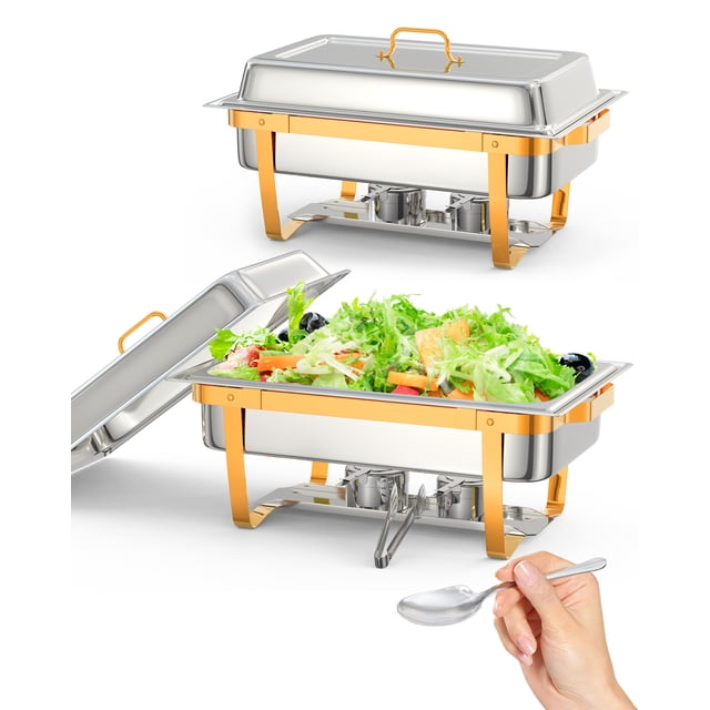 Ensemble de Buffet à Réchaud en Acier Inoxydable Supérieur – Réchaud Rectangulaire avec Couvercle, Cuillère et Pinces – Réchaud Commercial Durable Plaqué Or pour Traiteur, Fêtes, Mariages, Banquets