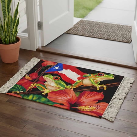 Kitchen Runner Rugs, Country Red Flowers Frog 2'x3' Throw Rug with Tassels, Puerto Rico Flag Washable Soft Floor Carpet Runner for Hallway Bedroom Bathroom Laundry Room