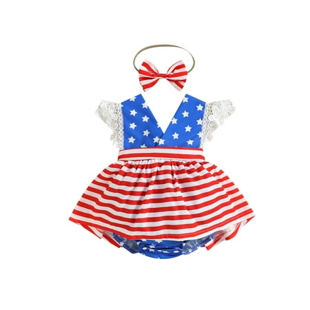 

Suanret Baby Girls Independence Day Jumpsuit Romper Star Stripes V Neck Lace Fly Sleeve Dress with Headband Set Red 12-18 Months