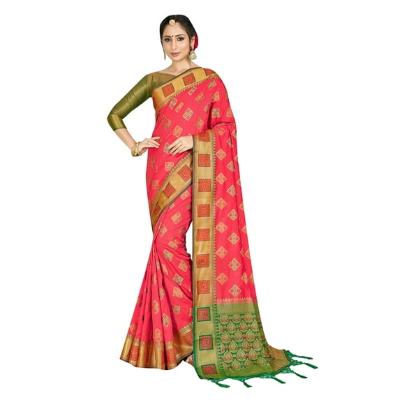 Elina fashion Sarees for Women Indian Wedding Ethnic Banarasi Art Silk Woven Work Saree, Sari with Unstitched Blouse Pink
