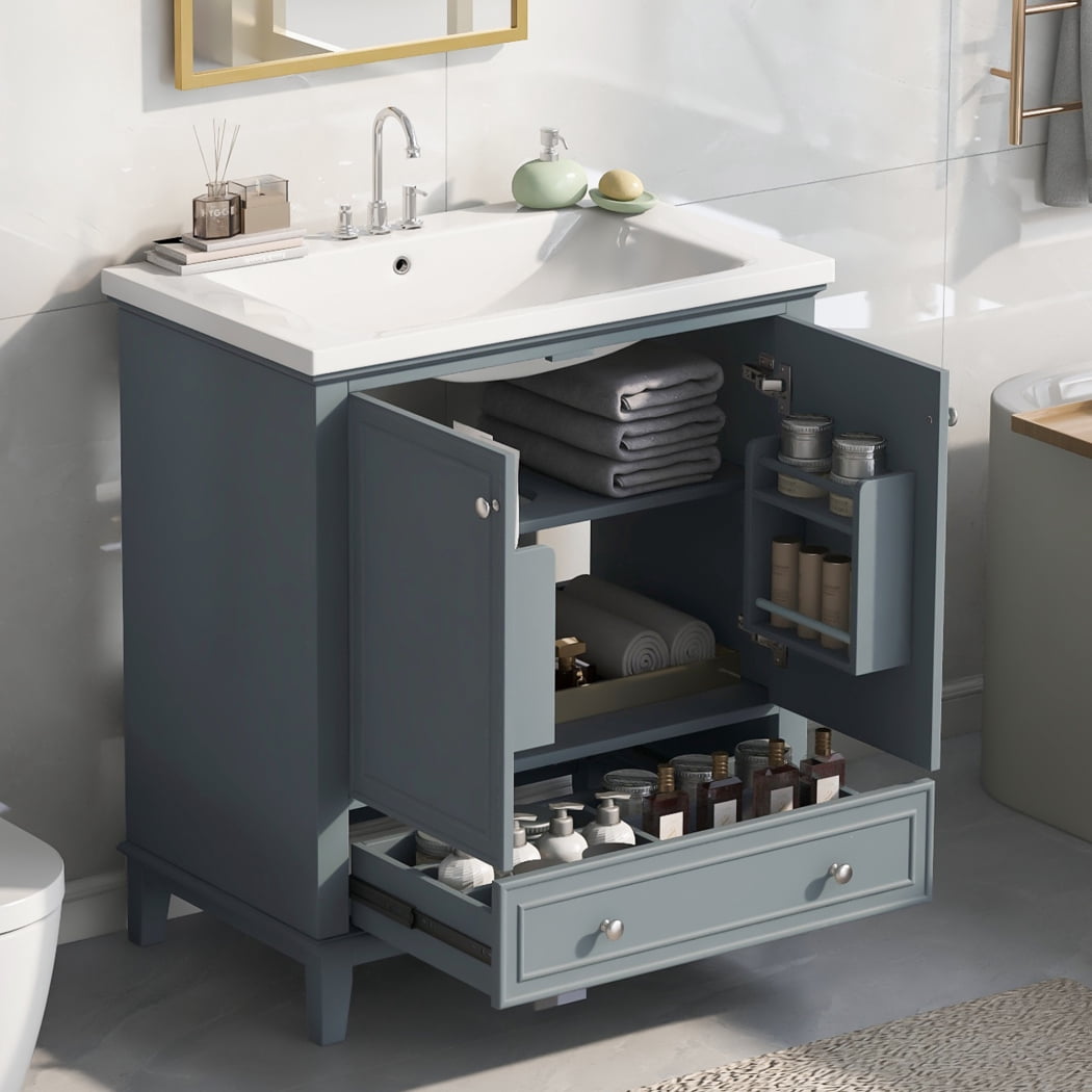 30" Bathroom Vanity with Single Sink Combo, Modern Undermount Bathroom Sink Cabinet, Wood Bathroom Dresser Storage Cabinet with Doors and Drawer, Blue