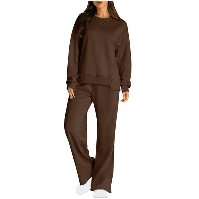 Pisexur Ensembles Deux Pièces pour Femmes Automne Couleur Unie Chandails à Manches Longues à Col Rond Pantalons de Survêtement Amples à Jambe Grand Ensembles de Survêtement Femmes Tenue 2 Pcs Tenue Décontractée de Voyage Tenues de Vacances pour Femmes