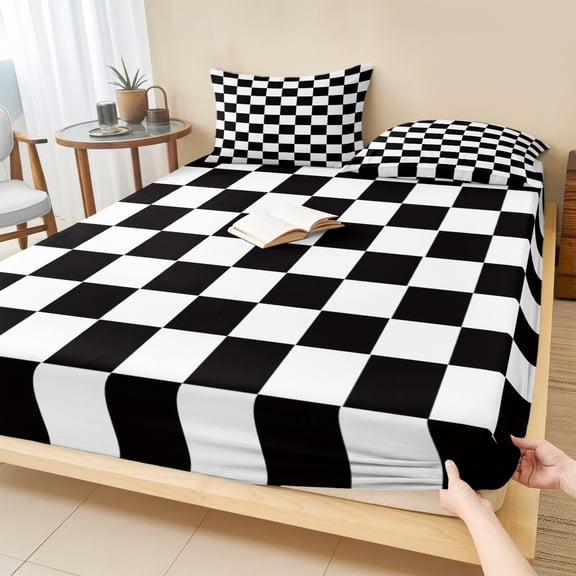 King Size Fitted Sheet Set - Simple Black White Checkered 3 Piece Bedding Sets 16" Deep Pocket Fitted Sheet with 2 Pillowcases, Lattice Buffalo Plaid Brushed Microfiber Hotel Luxury Bed Sheets