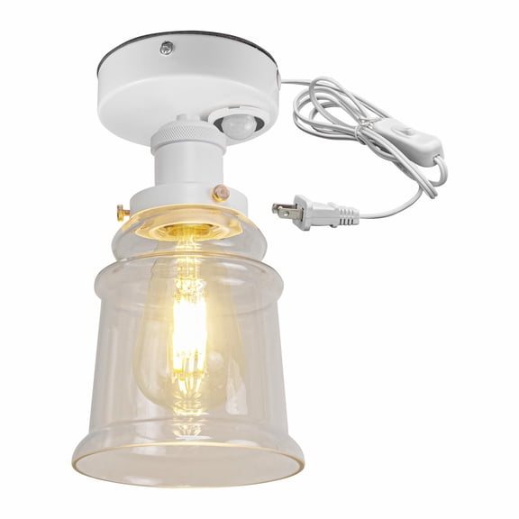 Kiven Motion Sensor Ceiling Light, Motion Activated Plug-in Ceiling lamp, Farmhouse Glass Motion Lights Indoor, Adjustable Delay Time for Stair Hallway Laundry Bathroom, White Finish