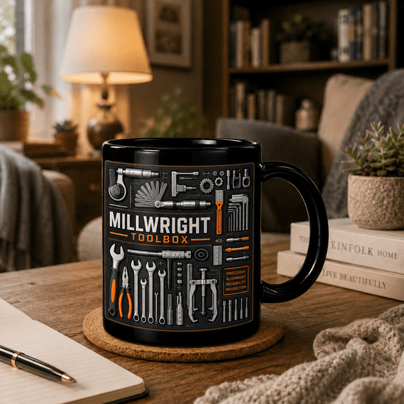 2D Flat Mug, Millwright Toolbox Mug for Mechanics, Industrial Trades Coffee Cup Gift