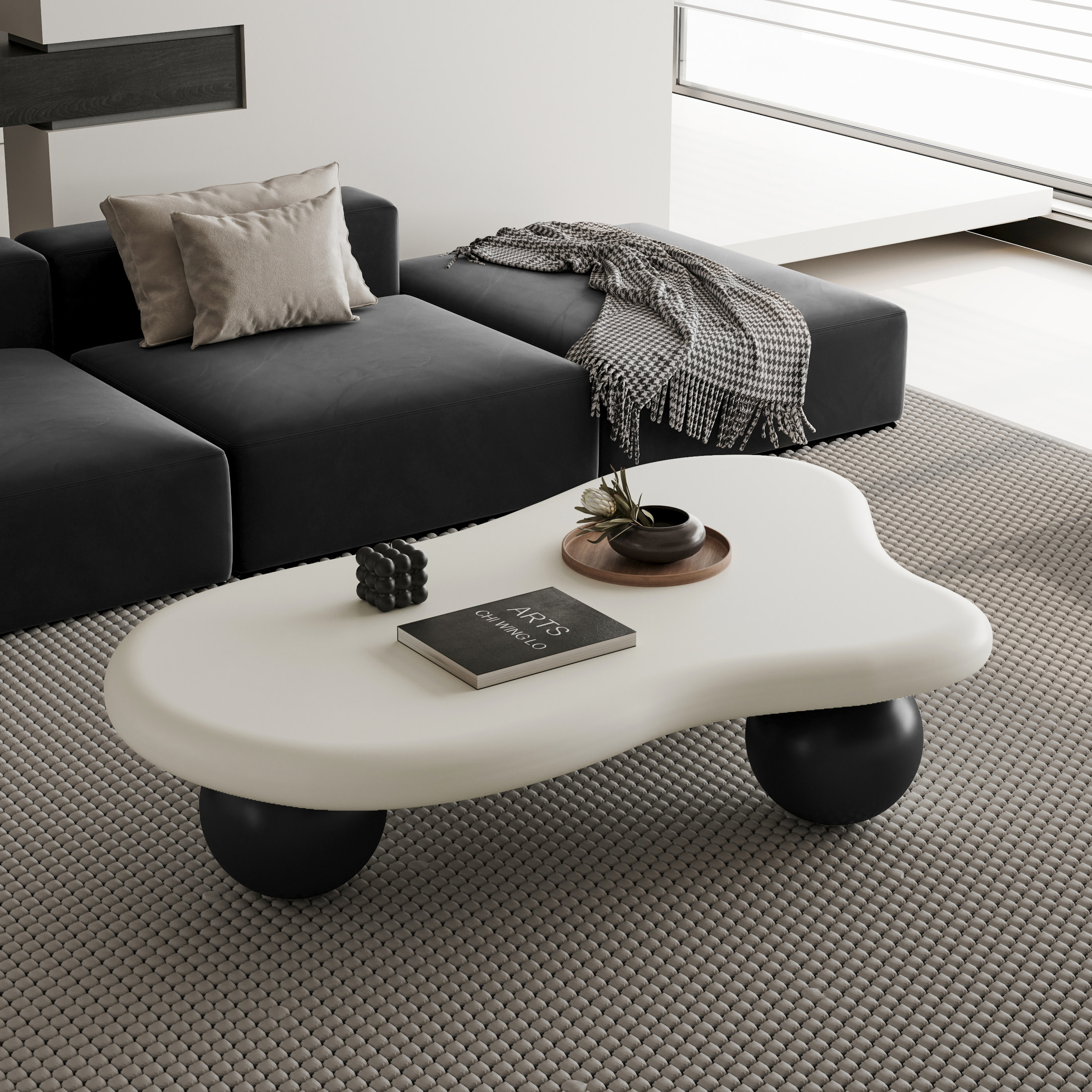 Noble House 47" Cloud Shaped Coffee Table with Ball Legs, Modern Aesthetic Accent Table for Living Room, White Top Black Legs