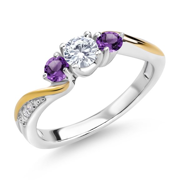 Gem Stone King 925 Sterling Silver and 10K Yellow Gold White Lab Grown Diamond and Purple Amethyst 3 Stone Engagement Ring for Women (0.50 Cttw, Gemstone April Birthstone, Size 8)