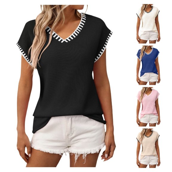 SPZTSX Knit Tops for Women V-Neck Short Sleeve Fashion Loose Fit Casual Daily Summer Sweater Vests