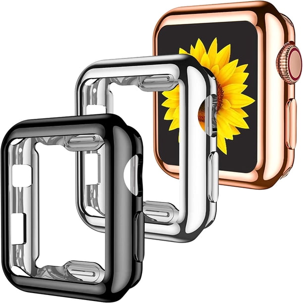 3 Pack Compatible with Apple Watch Case 38mm,Soft HD High Sensitivity Screen Protector with TPU All Around Anti-Fall Bumper Protective Case for iWatch Series 3/2/1 38mm Black/Silver/Rose Gold