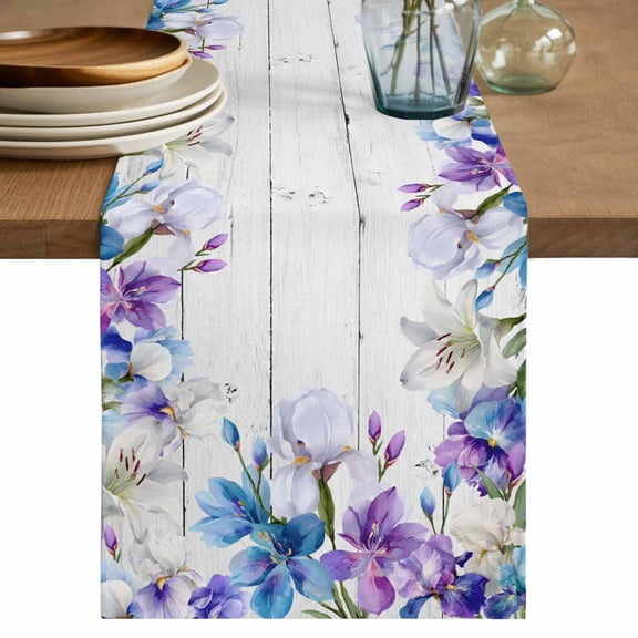 Spring Flowers Table Runner 48 Inches, Watercolor Garden Florals Wooden Grain Bed Runner Dresser Scarves Tabletop for Indoor Outdoor Parties/Ceremony/Banquet, 13" x 48"
