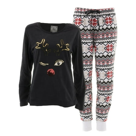 PJ Couture Women's Reindeer Black Fleece Pajamas