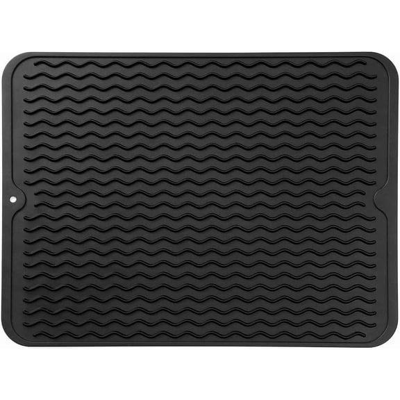 PLERISE Silicone Dish Drying Mat, Easy-Clean, Heat-Resistant, Large, Black (16" x 12") – for Kitchen Counter, Sink, Fridge & Drawer Liner