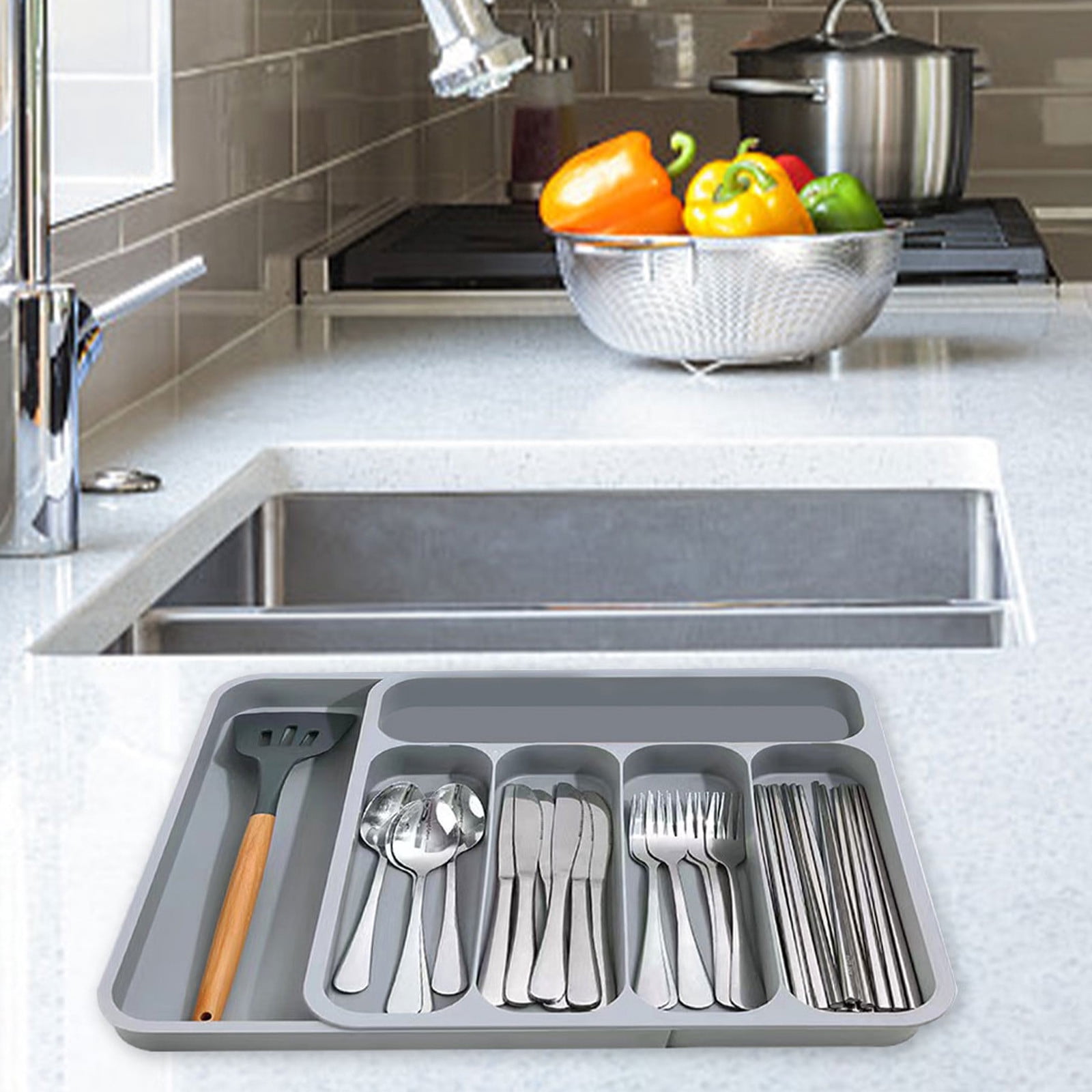 Kitchen Drawer Organizer Expandable Five Compartment Utensil Tray | Cutlery Storage Box for Knives Forks Spoons Chopsticks | Plastic | Black Gray Beige | 13.5x12.8in