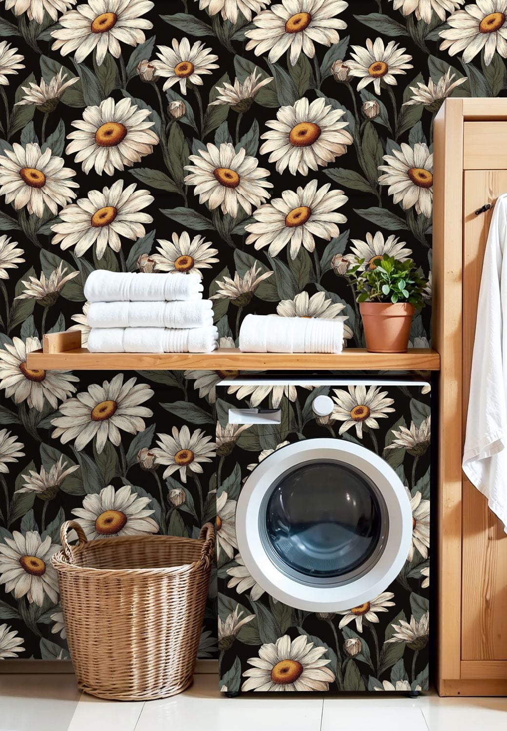 Peel and Stick Wallpaper White Daisy Flowers Green Leaves Black Botanical Wall Mural 17.7in x 9.8ft Self Adhesive Removable Wall Paper Renter Friendly Wallpaper for Nursery Bedroom Cabinets