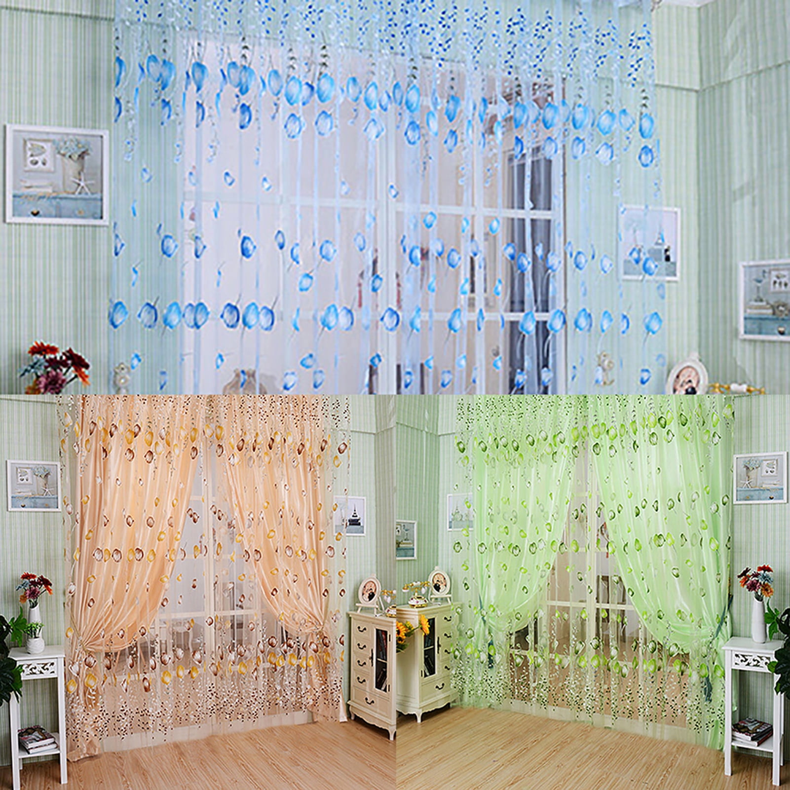 Tulip Floral Window Beads Decor Sheer Curtain Panel Voile Drape Vanlaces