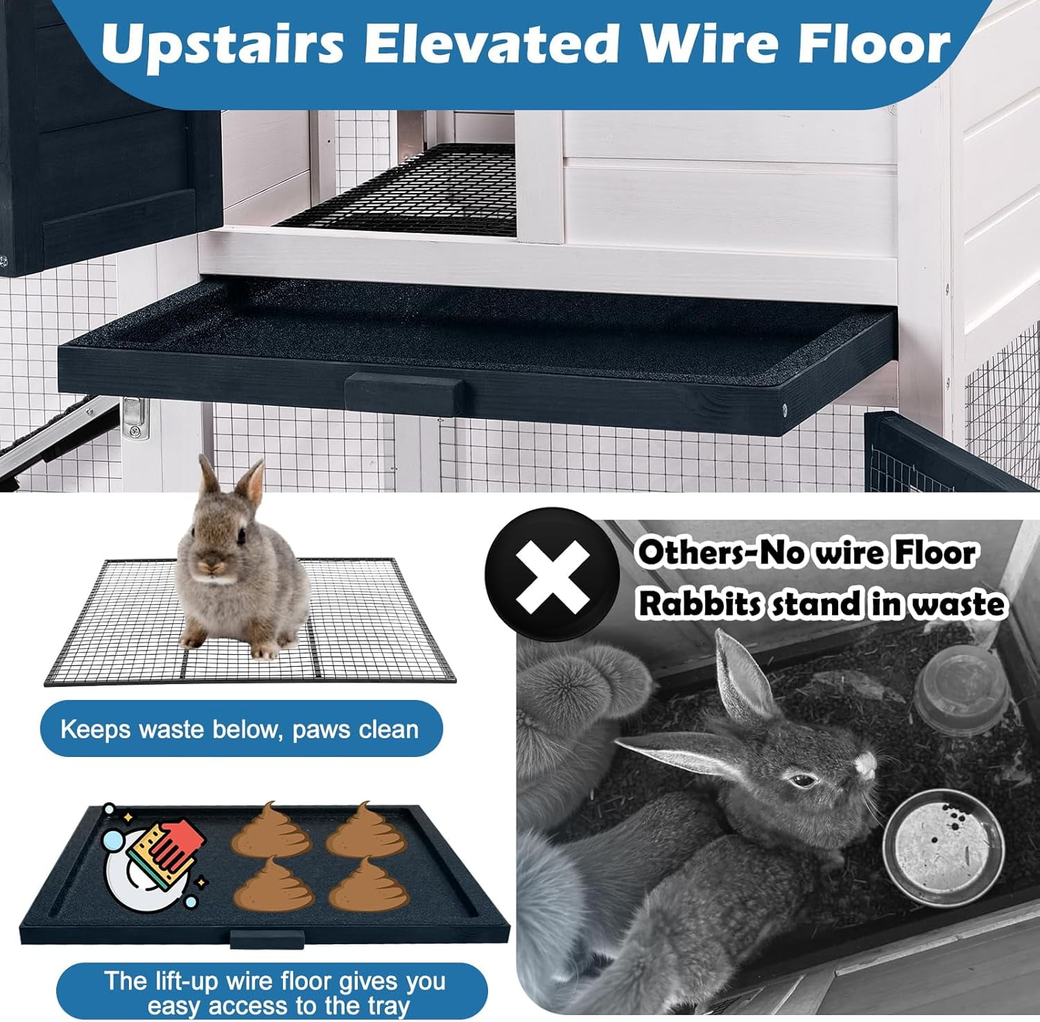 Rabbit Hutch Indoor Bunny Cage Outdoor Small Chicken Coop Animal House with Wire Floor Above Pull-Out Tray, Chew-Resistant Ramp & Entrance Openable Roof