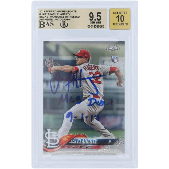 Jack Flaherty St. Louis Cardinals Autographed 2018 Topps Chrome Update #HMT18 Beckett Fanatics Witnessed Authenticated 9.5/10 Rookie Card with "MLB Debut 9-1-17" Inscription - Fanatics Authentic