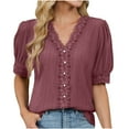 thumbnail image 1 of Eres Más Que una Camisa de Puntuación de Prueba Boho Top Manga Corta Cuello Redondo Blusa Suelta, Detalle de Encaje Color Sólido Desgaste de Verano Casual, Mezcla de Poliéster Spandex, 1 of 9