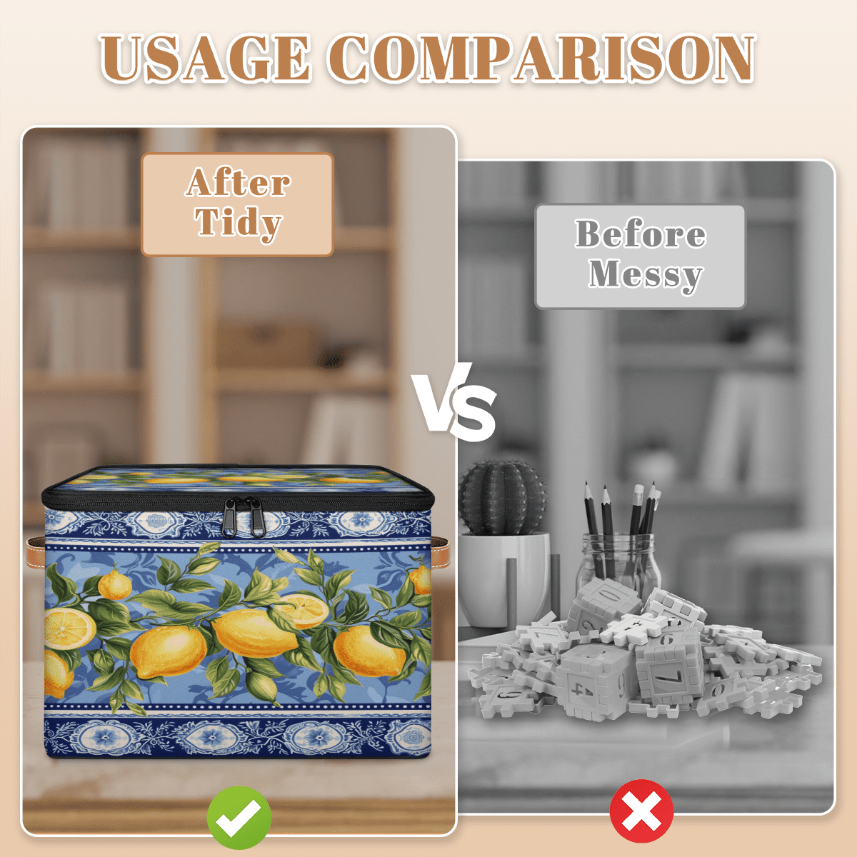 ADECORIVY Blue Lemon Storage Bin with Zipper Lid, Fabric Foldable Shelf Baskets Boxes, Closet Lidded Storage Bins, Decorative Clothes Organizer for Bedroom Home