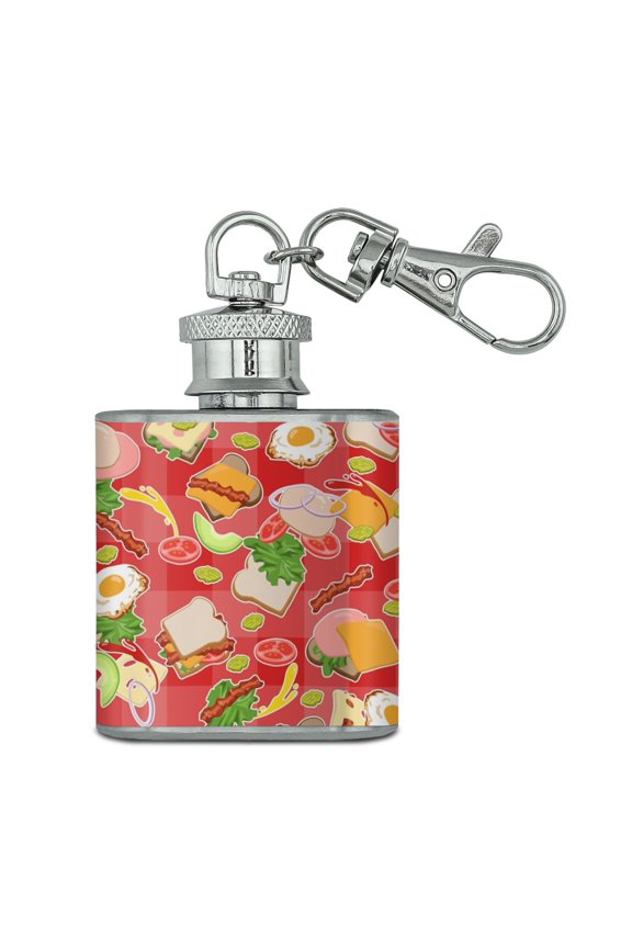 Messy Sandwich Pattern Bread Cheese Bacon Lettuce Egg Food Stainless Steel 1oz Mini Flask Key Chain