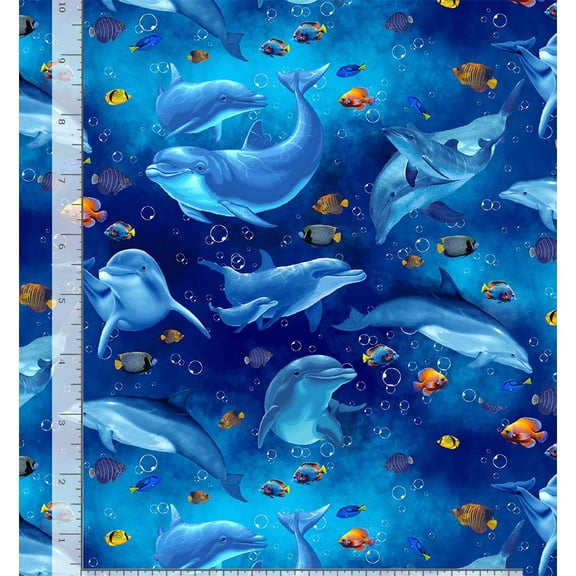 Cotton Playful Dolphin and Fish Ocean Underwater Nautical Sealife Fish Bubbles Timeless Treasures Blue Cotton Fabric Print by the Yard (SEA-CD3131-OCEAN)