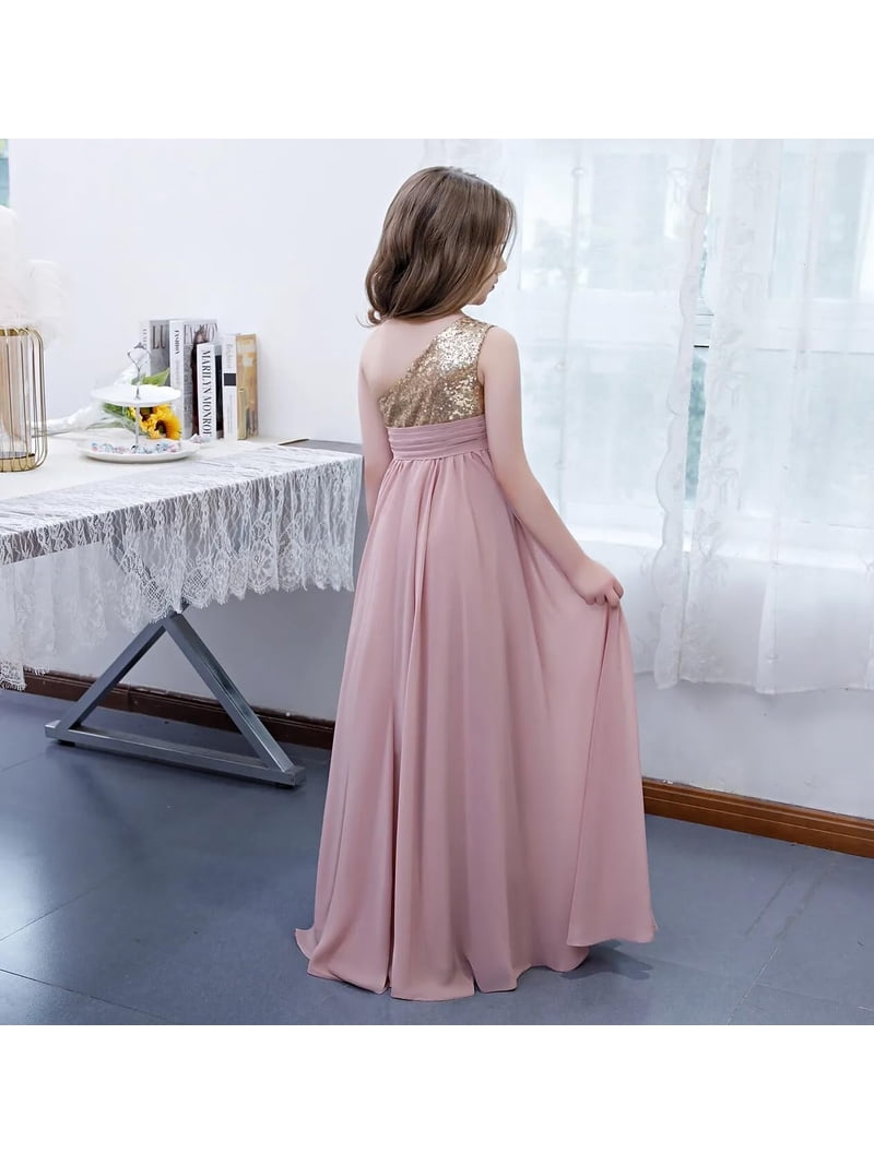 open lace back dress One Shoulder A-Line Peach Beaded Flouncing Long Prom Dresses