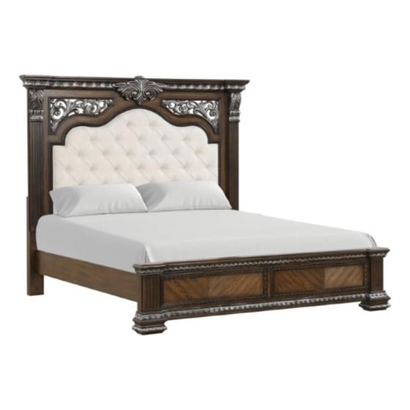 Naddy King Bed-White Fabric Pleated Upholstery-Espresso Brown Wood