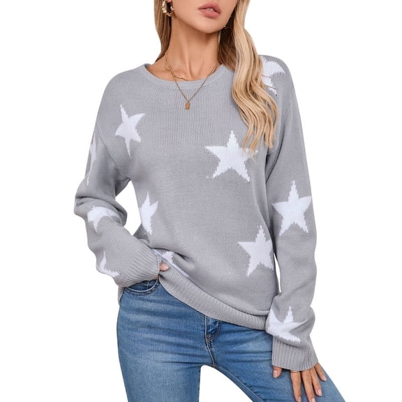 Crewneck Sweaters for Women Trendy Star Sweater Casual Pullover Sweaters Fall Lightweight Womens Sweaters Shermie