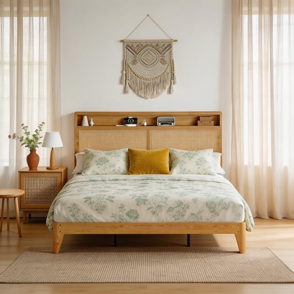 Rattan Bed Frame with LED Lights, Boho Wood Bed Frame with Storage Headboard & Charging Station, Silent Slats, No Box Spring Needed