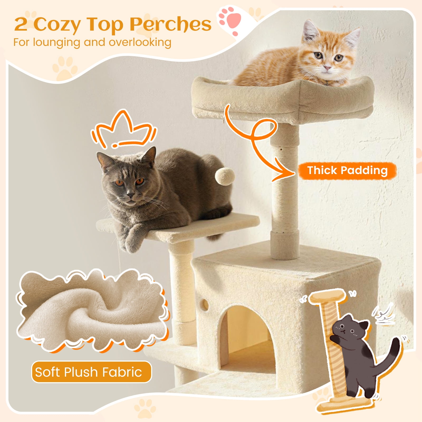 Gymax 80'' Tall Cat Tree w/2 Condos Sisal Scratching Posts Plush Perch Hammock Basket Beige