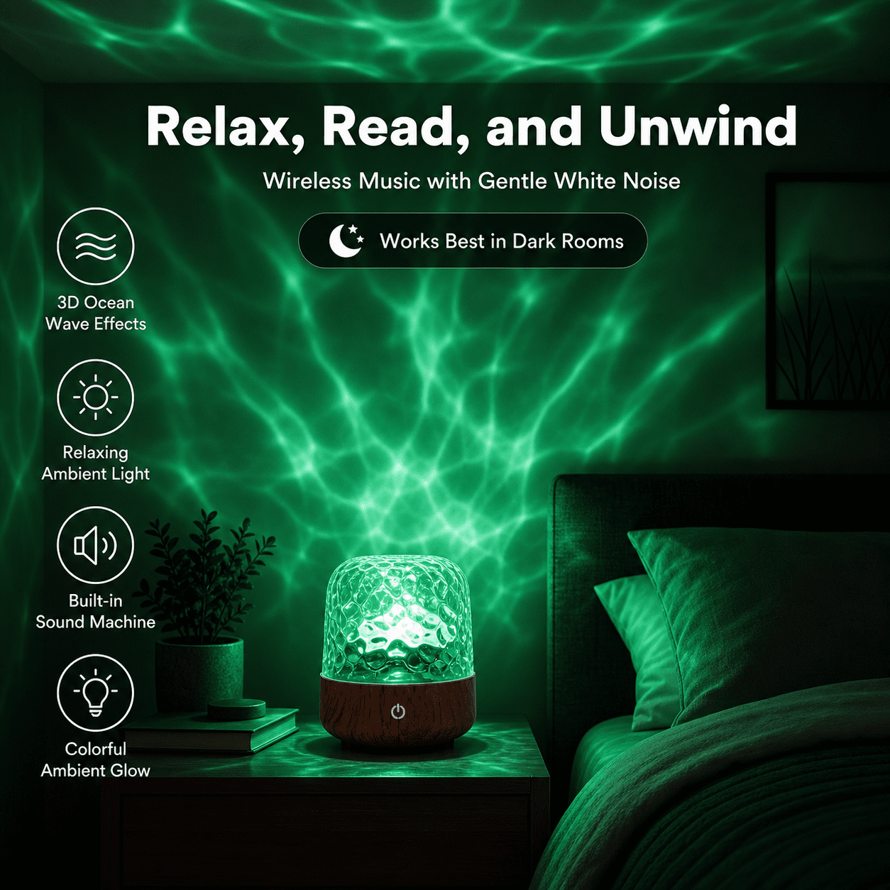 MEHOOM 16 Color Noise Sound Machine & Night Light, 3D Ocean Wave Projector Light for Sleep Adults/Kids, Bluetooth, Timer, Dimmable & Control, Rechargeable LED Lights for Bedroom