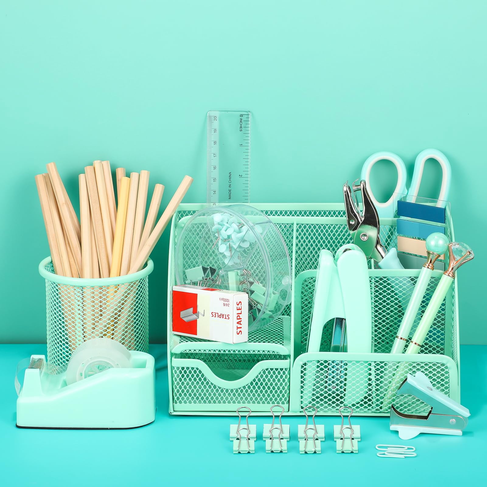Green Desk Organizers And Accessories  Teal Office Supplies Set Mesh Organizer Stapler Tape Dispenser 1000 Staples Staple Remover Pen Holder Clips Ruler