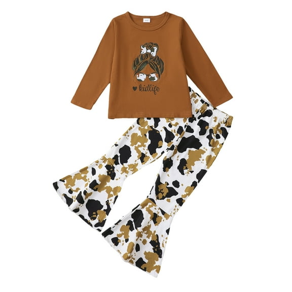 4T Baby Girls Outfits 5T Girls Fall Winter Pant Sets Toddler Girls Long Sleeve Round Neckline Top Camouflage Pants 2PCS Set Brown