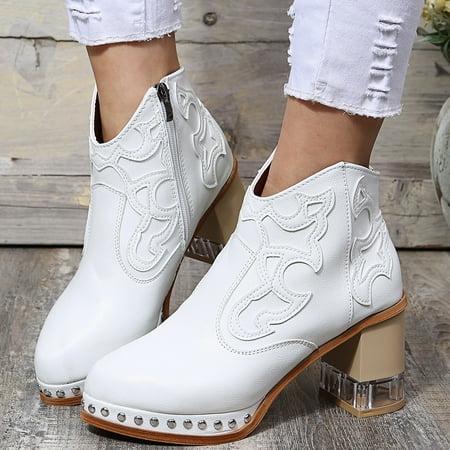 

TIANEK Embroidered Thick Heel With Side Zipper Short Black Wedge Booties For Women