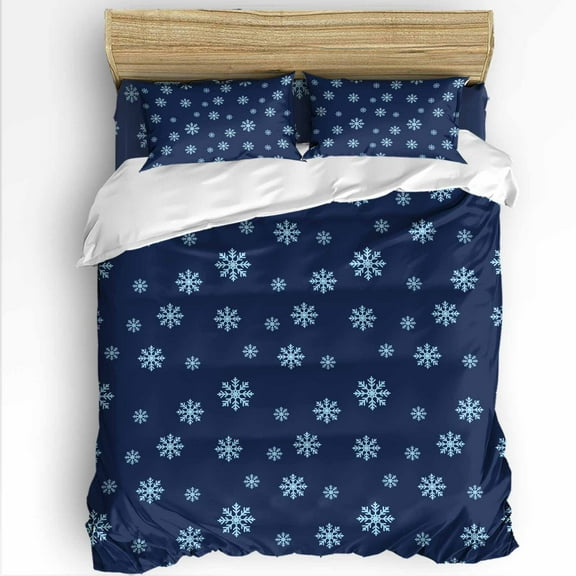 Christmas Snowflake King Size Comforter Set, Winter Cowboy Blue Simple Background Soft Bedding for All Seasons, 4 Pcs Bed Set with 1Comforter (90"x106") ,1 Sheet(94"x116"), 2 Pillowcases (19"x35")