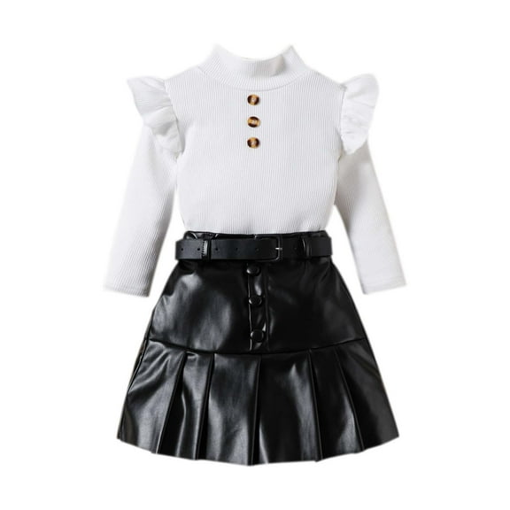 SHTXOZHI Girl's Fall Spring Clothes Toddler Kids Long Sleeve Ruffle Tops Leather Pleated Skirt   Belt