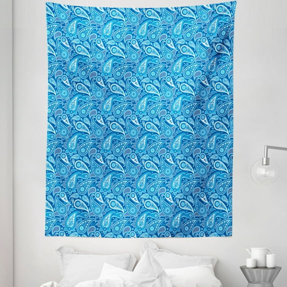 Blue Paisley Tapestry, Stripes Ovals Ethnic Ornaments Buta Effect Motifs Illustration, Fabric Wall Hanging Decor for Bedroom Living Room Dorm, 5 Sizes, Cobalt Blue and Sky Blue, by Ambesonne